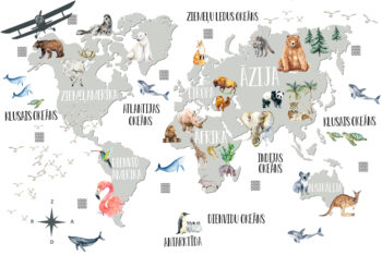 Pasaules karte ar dzīvniekiem gaiši pelēka