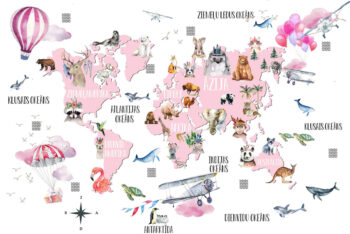 Rozā pasaules karte ar gaisa baloniem