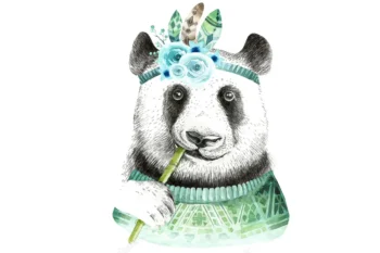 Sienas uzlīme bērniem – akvareļu panda zaļā džemperī indiāņu stilā ar ziedu un spalvu rotu galvā bērnistabas interjera dekorēšanai.