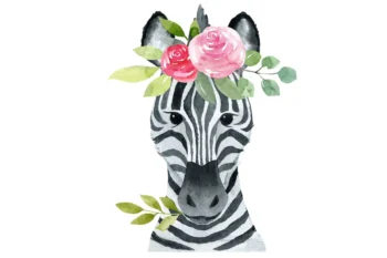 Sienas uzlīme "Zebra Indiānis" bērnistabas dekoram ar ziedu kroni un spalvām uz galvas