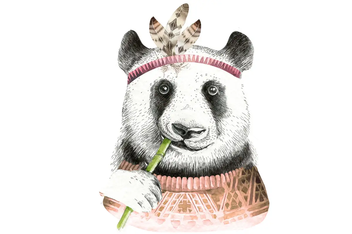 Sienas uzlīme "Panda rozā" Sienas uzlīme bērniem – akvareļu panda rozā džemperī indiāņu stilā ar spalvu rotu galvā bērnistabas interjera dekorēšanai.