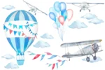 Liels zilu toņu gaisa balons un lidmašīna mākoņos akvareļa stila sienas uzlīme zēna istabas interjeram.