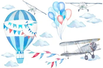 Liels zilu toņu gaisa balons un lidmašīna mākoņos akvareļa stila sienas uzlīme zēna istabas interjeram.