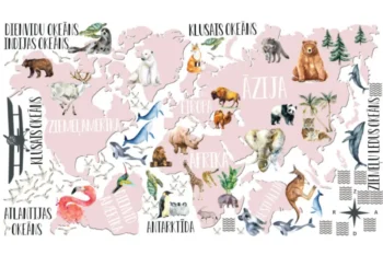Rozā sienas uzlīme pasaules karte ar dzīvniekiem un Okeānijas elementiem Zukzuks