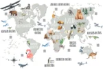 sienas uzlīme pasaules karte bērniem ar dzīvniekiem un lidmašīnām gaiši pelēkā krāsā Rīga