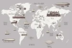 Pelēka bērnistabas sienas uzlīme pasaules karte bērniem ar retro transportlīdzekļiem un kontinentu nosaukumiem latviešu valodā Rīga