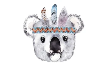 Sienas uzlīme bērniem – akvareļu koala indiāņu stilā ar spalvu rotu galvā bērnistabas interjera dekorēšanai.