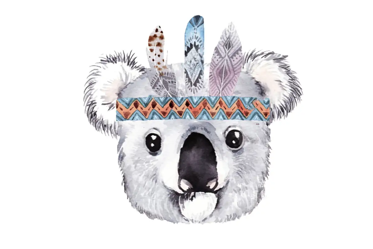 Sienas uzlīme "Koala Indiānis" Sienas uzlīme bērniem – akvareļu koala indiāņu stilā ar spalvu rotu galvā bērnistabas interjera dekorēšanai.