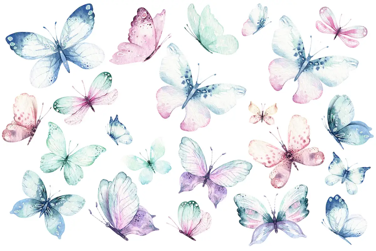 Sienas uzlīmes Violetie taureņi bērnistabai Maigas akvareļu sienas uzlīmes bērnistabai ar violetiem un pasakainiem tauriņiem meitenes istabas interjeram.