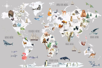 Pasaules karte ar valstīm un dzīvniekiem