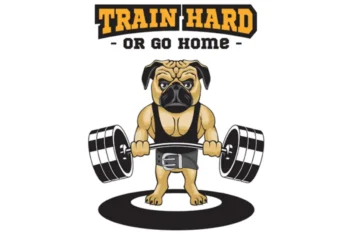 Sienas uzlīme bērniem un pusaudžiem ar sportisku buldogu, kurš ceļ svaru stieni ar iedvesmojošu uzrakstu Train Hard or Go Home.