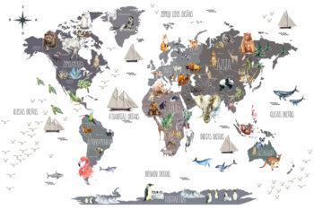 SALE! Pelēka pasaules karte ar valstīm un dzīvniekiem