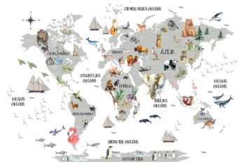 SALE! Gaiši pelēka pasaules karte ar valstīm un dzīvniekiem