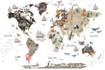 SALE! Brūna pasaules karte ar valstīm un dzīvniekiem