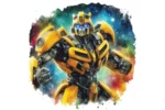 Krāsaina un jaudīga dzeltenā transformera Bumblebee sienas uzlīme zēna bērnistabas dekorēšanai kosmosa un akvareļu stilā.