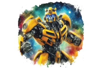 Krāsaina un jaudīga dzeltenā transformera Bumblebee sienas uzlīme zēna bērnistabas dekorēšanai kosmosa un akvareļu stilā.