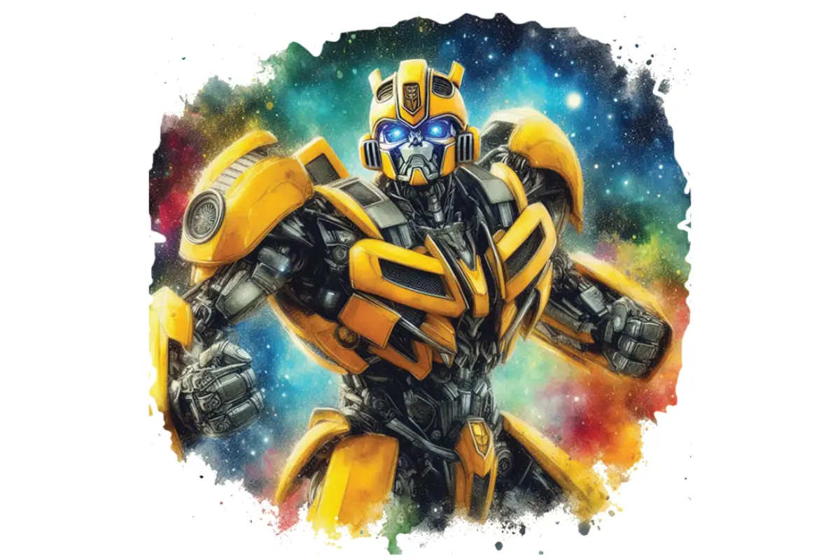 Sienas uzlīme Bumblebee Transformeris bērniem Krāsaina un jaudīga dzeltenā transformera Bumblebee sienas uzlīme zēna bērnistabas dekorēšanai kosmosa un akvareļu stilā.