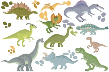 Mīlīgu aizvēsturisko dinozauru un dabas elementu sienas uzlīmju komplekts rotaļīgam bērnistabas interjera noformējumam.