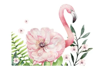 Gaisīgs flamingo sienas uzlīmju komplekts ar rozā ziedu zariem un maigām lapiņām meitenīgam istabas noformējumam.
