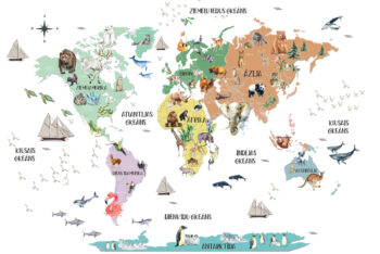 Krāsaina pasaules karte ar valstīm un dzīvniekiem