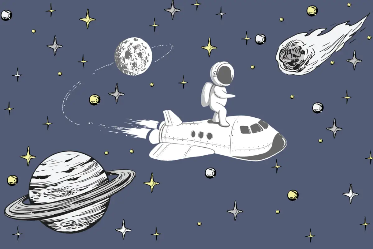 Sienas uzlīmes Kosmoss uz tumšas sienas Kosmosa tematikas bērnistabas sienas uzlīmju komplekts ar raķeti, astronautu un planētām uz tumši zilas sienas fona.