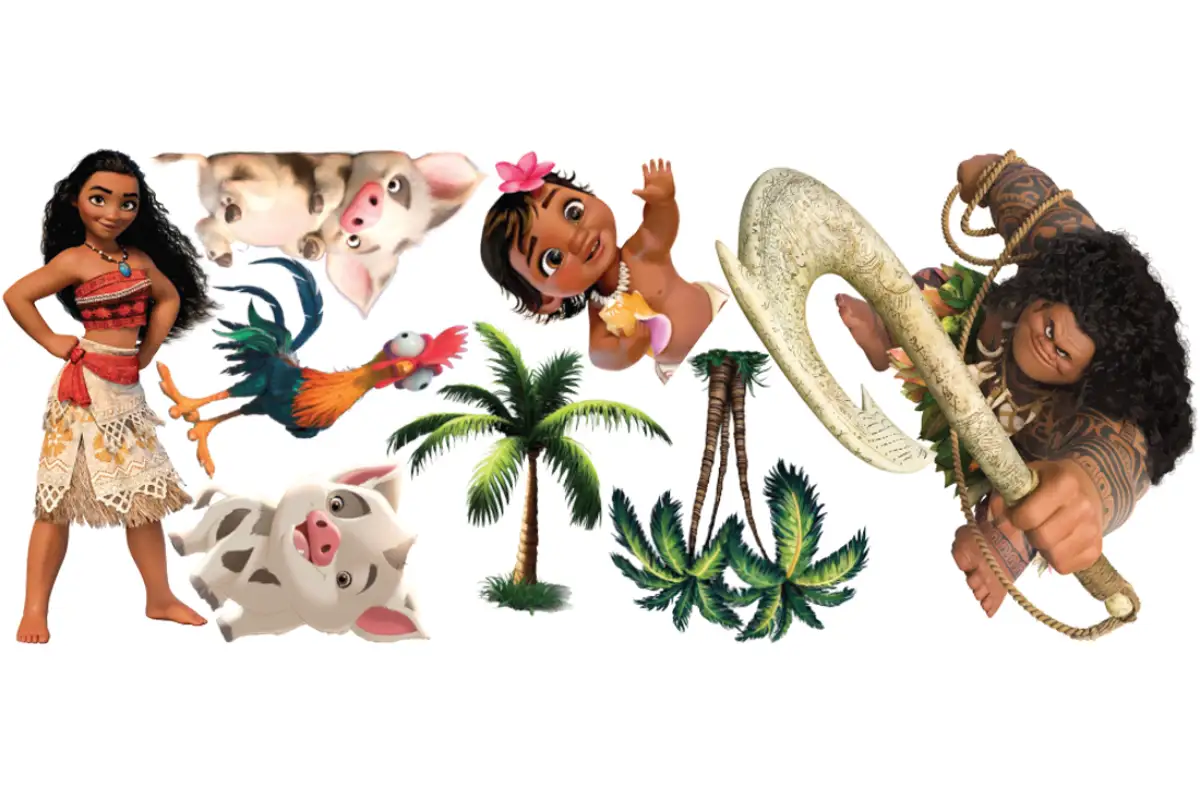 Sienas uzlīmju komplekts Moana un draugi izkārtojums Krāsains bērnu sienas uzlīmju komplekts ar Moanu, Maui, sivēnu Pua, gaili Heihei un palmām uz lapas.